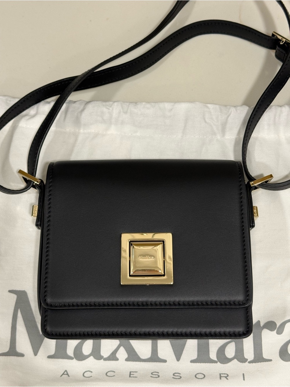 MaxMara Black Leather Crossbody with Gold Square Lock